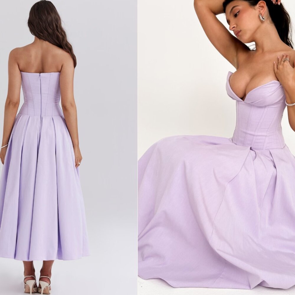 HOUSE OF CB 'Lady' Orchid Twill Strapless Tulle Midi Dress NWOT - Picture 3 of 5